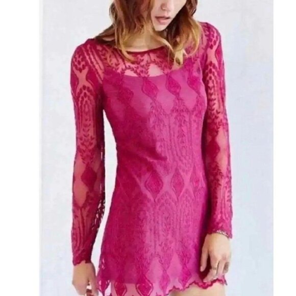 Urban Outfitters Ecoté women’s dress small Pink Lace Sheer embroidered floral 70 - Picture 1 of 9